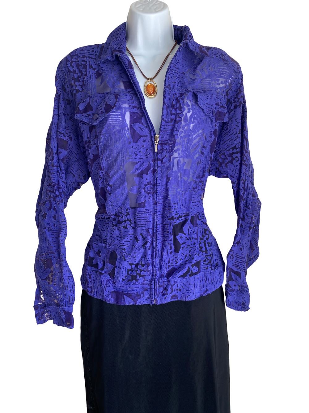 VTG Allyson Whitmore L Boho Stretch Sheer Lace Purple Zip Up Shacket Whimsigoth